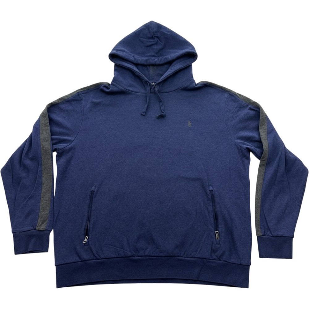 Polo Ralph Lauren Mens XL Navy Blue Grey Stripe Zip Pocket Hoodie Sweatshirt